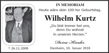 Traueranzeige von Wilhelm Kurtz von Trauerportal Rhein Main Presse