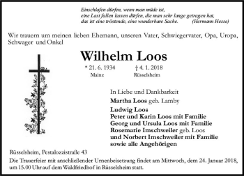 Traueranzeige von Wilhelm Loos von Trauerportal Rhein Main Presse