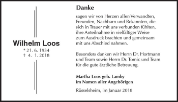 Traueranzeige von Wilhelm Loos von Trauerportal Rhein Main Presse