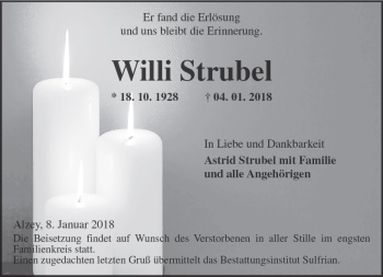 Traueranzeige von Willi Strubel von Trauerportal Rhein Main Presse