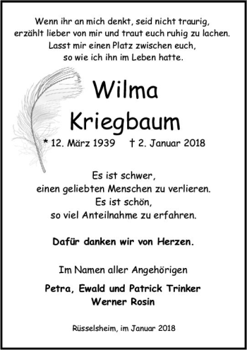 Traueranzeige von Wilma Kriegbaum von Trauerportal Rhein Main Presse