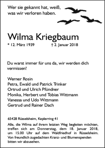Traueranzeige von Wilma Kriegbaum von Trauerportal Rhein Main Presse