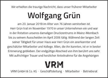 Traueranzeige von Wolfgang Grün von Trauerportal Rhein Main Presse