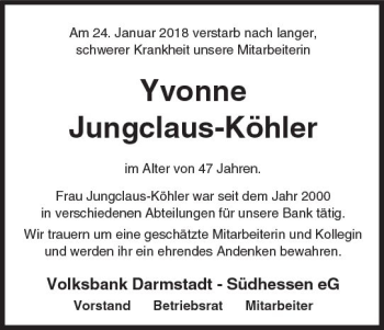 Traueranzeige von Yvonne Jungclaus-Köhler von Trauerportal Rhein Main Presse