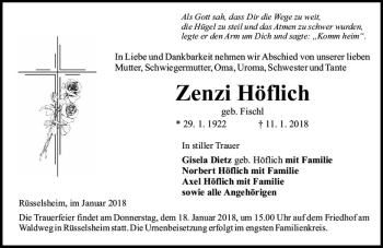 Traueranzeige von Zenzi Höflich von Trauerportal Rhein Main Presse