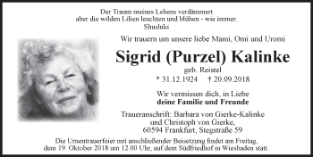 Traueranzeige von Sigrid Kalinke von VRM Tageszeitungen