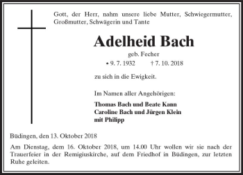 Traueranzeige von Adelheid Bach von  Kreisanzeiger