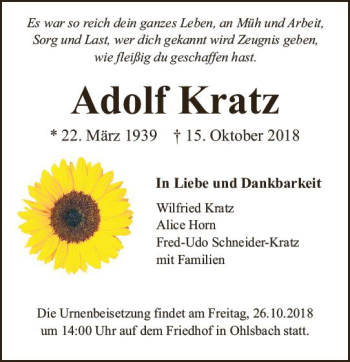 Traueranzeige von Adolf Kratz von vrm-trauer