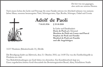 Traueranzeige von Adolf de Paoli von vrm-trauer