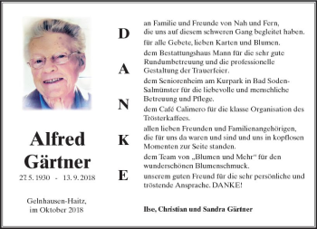 Traueranzeige von Alfred Gärtner von  Kreisanzeiger