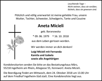 Traueranzeige von Aneta Micieli von vrm-trauer