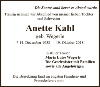 Traueranzeige von Anette Kahl von vrm-trauer