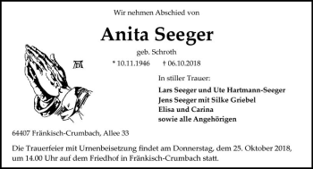 Traueranzeige von Anita Seeger von vrm-trauer