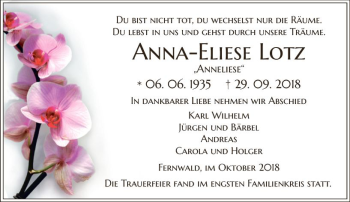 Traueranzeige von Anna-Eliese Lotz von  Gießener Anzeiger
