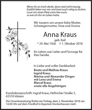 Traueranzeige von Anna Kraus von vrm-trauer