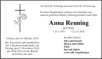 Traueranzeige von Anna Reuning von  Kreisanzeiger