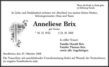Traueranzeige von Anneliese Brix von  Kreisanzeiger