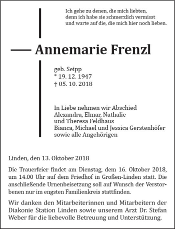 Traueranzeige von Annemarie Frenzl von  Gießener Anzeiger