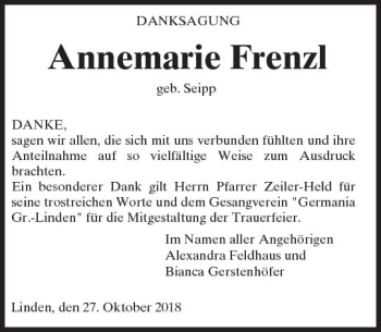 Traueranzeige von Annemarie Frenzl von  Gießener Anzeiger