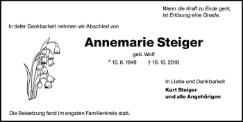 Traueranzeige von Annemarie Steiger von vrm-trauer