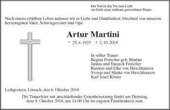 Traueranzeige von Artur Martini von  Gießener Anzeiger