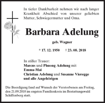 Traueranzeige von Barbara Adelung von VRM Trauer