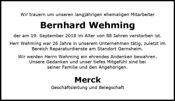 Traueranzeige von Bernhard Wehming von vrm-trauer