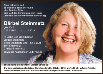 Traueranzeige von Bärbel Steinmetz von vrm-trauer