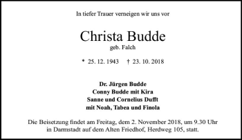 Traueranzeige von Christa Budde von vrm-trauer