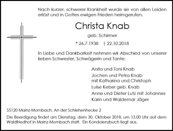 Traueranzeige von Christa Knab von vrm-trauer