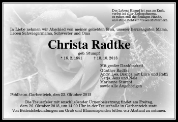 Traueranzeige von Christa Radtke von  Gießener Anzeiger