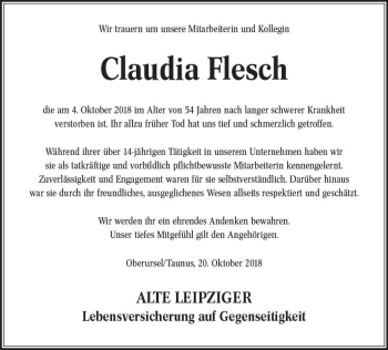 Traueranzeige von Claudia Flesch von  Usinger Anzeiger