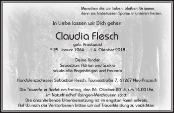 Traueranzeige von Claudia Flesch von  Usinger Anzeiger