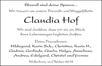 Traueranzeige von Claudia Hof von  Kreisanzeiger