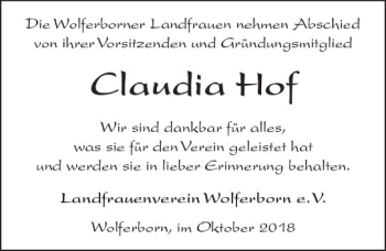 Traueranzeige von Claudia Hof von  Kreisanzeiger