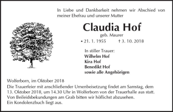 Traueranzeige von Claudia Hof von  Kreisanzeiger