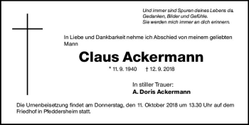 Traueranzeige von Claus Ackermann von vrm-trauer
