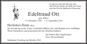 Traueranzeige von Edeltraud Ott von  Usinger Anzeiger