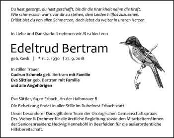 Traueranzeige von Edeltrud Bertram von vrm-trauer