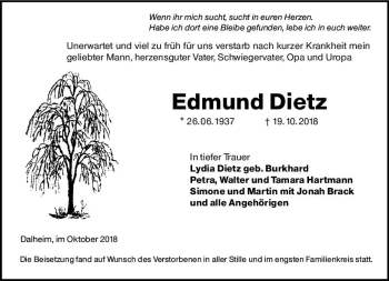 Traueranzeige von Edmund Dietz von vrm-trauer