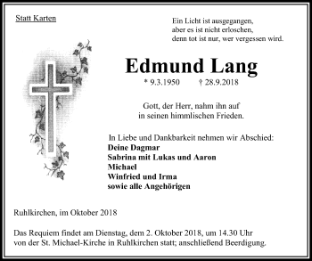 Traueranzeige von Edmund Lang von VRM Trauer