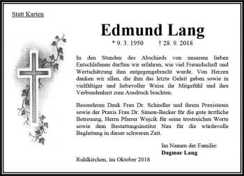 Traueranzeige von Edmund Lang von VRM Trauer