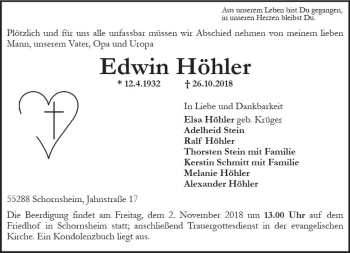 Traueranzeige von Edwin Höhler von vrm-trauer