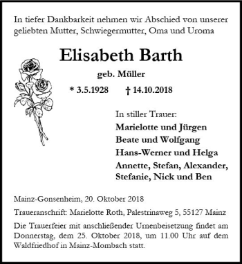 Traueranzeige von Elisabeth Barth von vrm-trauer