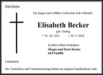 Traueranzeige von Elisabeth Becker von VRM Trauer