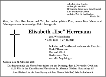 Traueranzeige von Elisabeth Herrmann von  Gießener Anzeiger