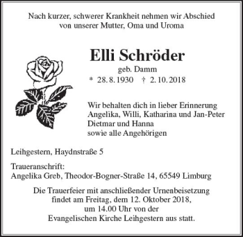 Traueranzeige von Elli Schröder von  Gießener Anzeiger