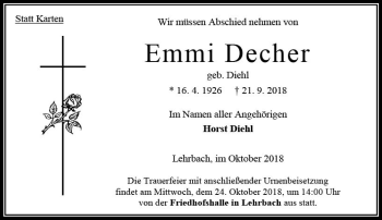 Traueranzeige von Emmi Decher von VRM Trauer