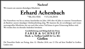 Traueranzeige von Erhard Achenbach von  Gießener Anzeiger