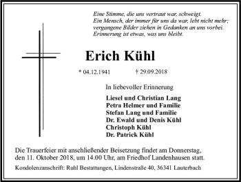 Traueranzeige von Erich Kühl von VRM Trauer